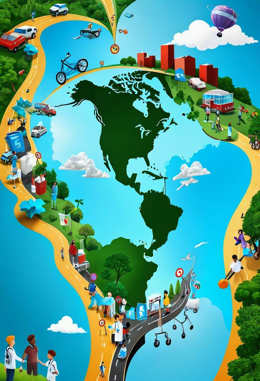 A detailed roadmap winding through a vibrant landscape of healthcare symbols, like stethoscopes, dollar signs, and healthy lifestyle icons. Include diverse people discussing and pointing at the map, conveying collaboration and understanding. Bright colors with a clear, sunny sky in the background to symbolize optimism and wellness. super-realistic. vibrant colors. 3D.