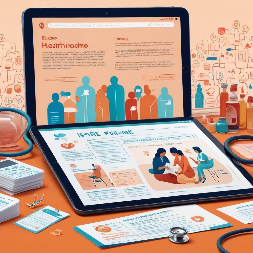 An intricate collage of diverse individuals engaging with health insurance documents and a digital tablet showing affordable insurance plans. In the background, symbols of healthcare like a stethoscope, medicine, and happy families represent comprehensive coverage. The color scheme should be warm and inviting, invoking a sense of security and trust. whimsical illustration. vibrant colors. friendly atmosphere.