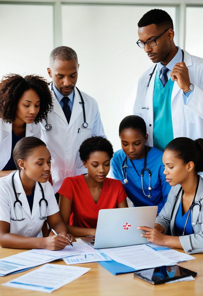 A detailed visual representation of a family sitting around a table, reviewing medical coverage documents, with a laptop open displaying health insurance options. Include a diverse range of healthcare symbols like a stethoscope, prescription bottle, and medical cross icons floating around. Show a warm and inviting atmosphere, symbolizing security and guidance. super-realistic. vibrant colors. white background.
